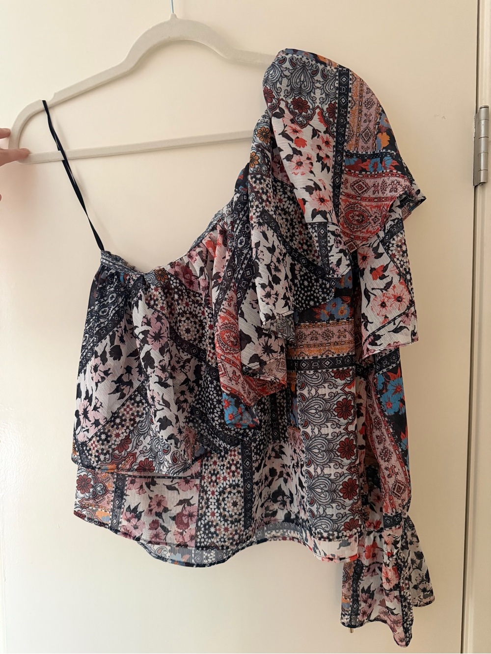 Boho Patchwork One-Shoulder Ruffle Top in Multicolor